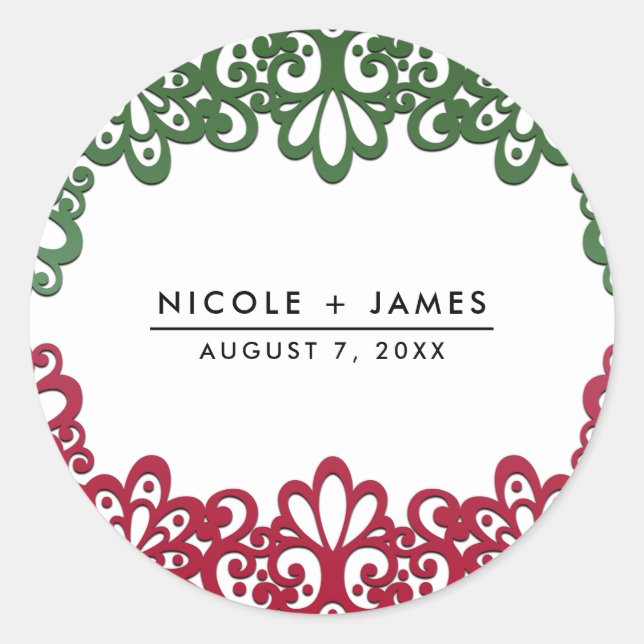 Green & Red Lace Elegante Fiesta Wedding Runder Aufkleber (Vorderseite)