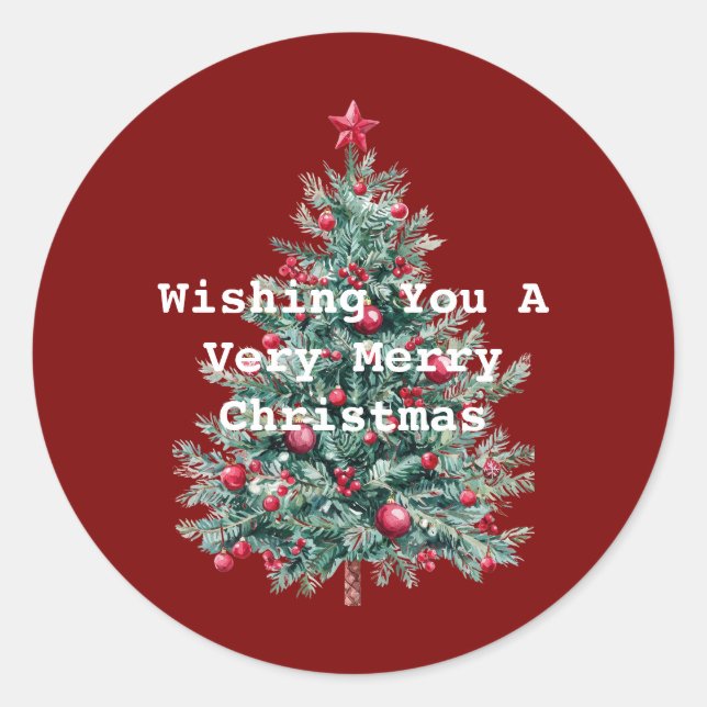 Green Red Merry Christmas Tree Runder Aufkleber (Vorderseite)