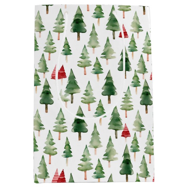 Green Red Merry Christmas Trees Mittlere Geschenktüte (Vorderseite)