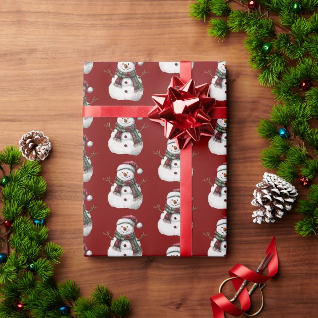 Green Red Merry Christmas Trees Snowman Geschenkpapier (Feiertagsgeschenk)