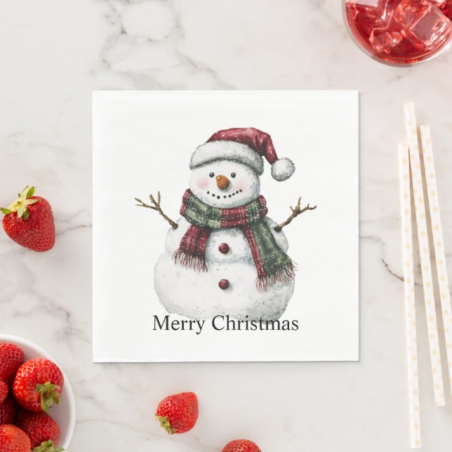 Green Red Merry Christmas Trees Snowman Serviette (Beispiel)