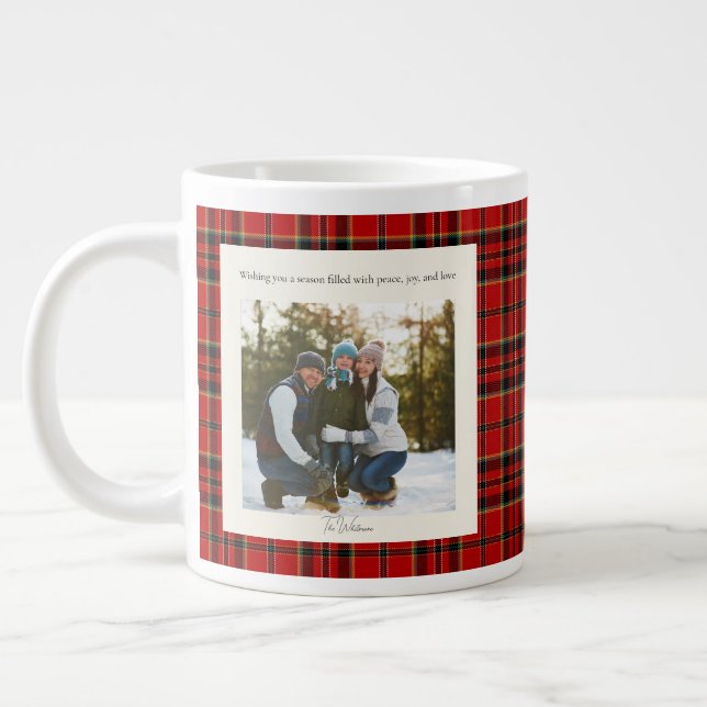 Green Red Plaid Monogram 2 Photo Rustic Christmas Jumbo-Tasse (Links)