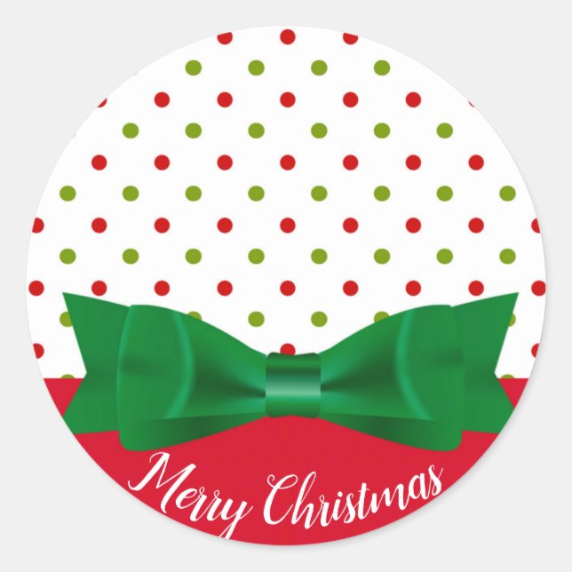 Green & Red Polka Dot Bow Krawatte Frohe Weihnacht Runder Aufkleber (Vorderseite)