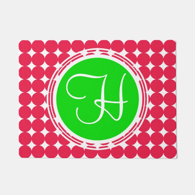 Green & Red Polka Dot Monogram Fußmatte (Vorderseite)