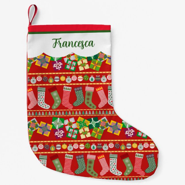 Green Red Traditional Christmas Geometric Muster Kleiner Weihnachtsstrumpf (Vorderseite)