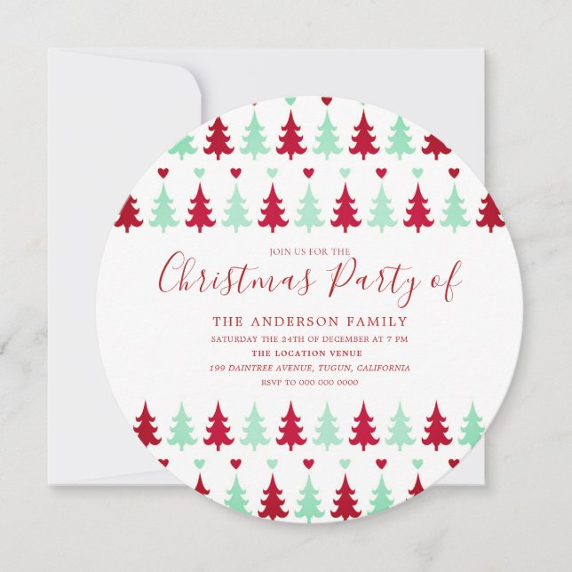 Green & Red Tree Muster Weihnachtskreislauf Party Einladung (Vorderseite)