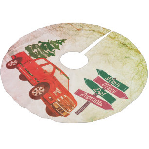 Green Red Truck Familie Rustic Vintage Weihnachten Polyester Weihnachtsbaumdecke