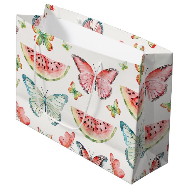 Green Red Watermelon Blue Butterflies Birthday Große Geschenktüte (Vorderseite Schrägansicht)