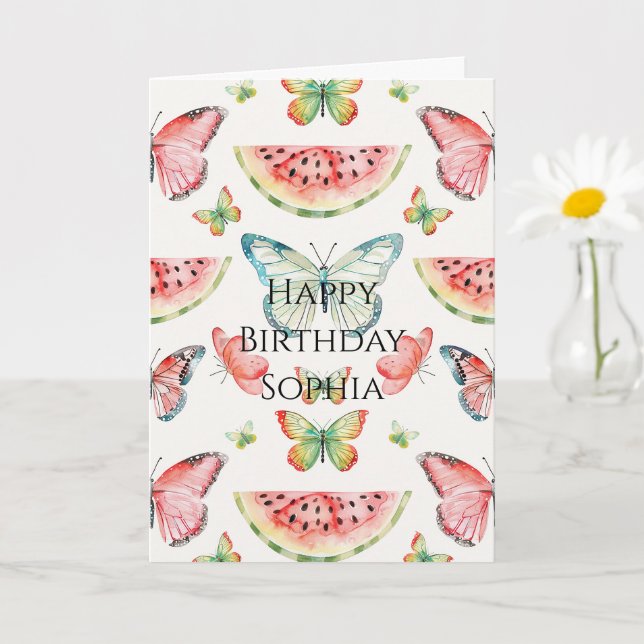 Green Red Watermelon Blue Butterflies Birthday Karte (Kleine Pflanze)