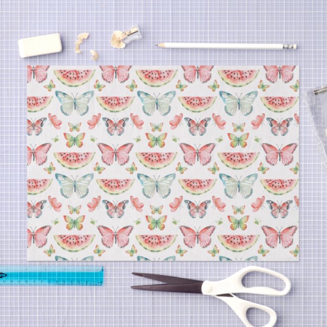 Green Red Watermelon Blue Butterflies Birthday Seidenpapier (Handwerk)