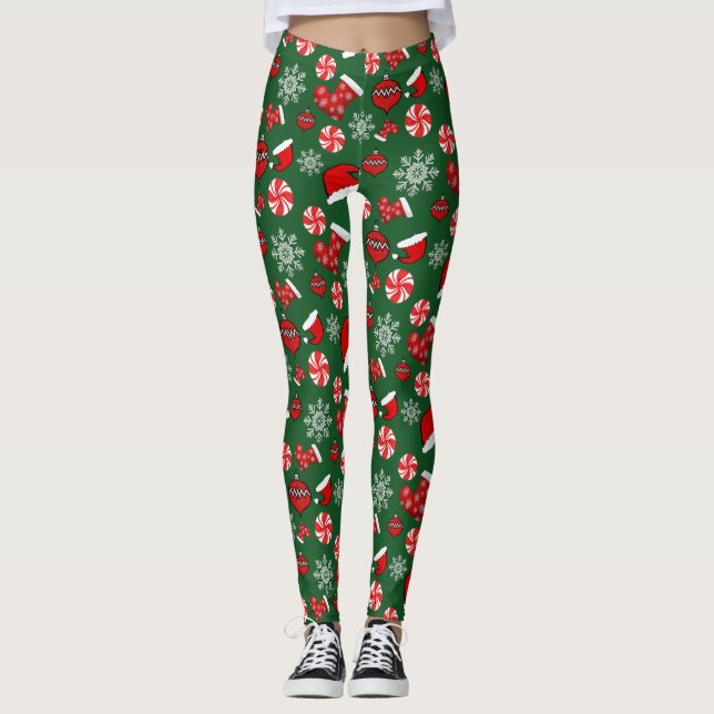 Green Red White Joyeux Joyeux Leggings de Noël (Devant)