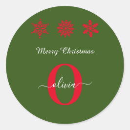 Green Red White Monogram Script Frohe Weihnachten Runder Aufkleber