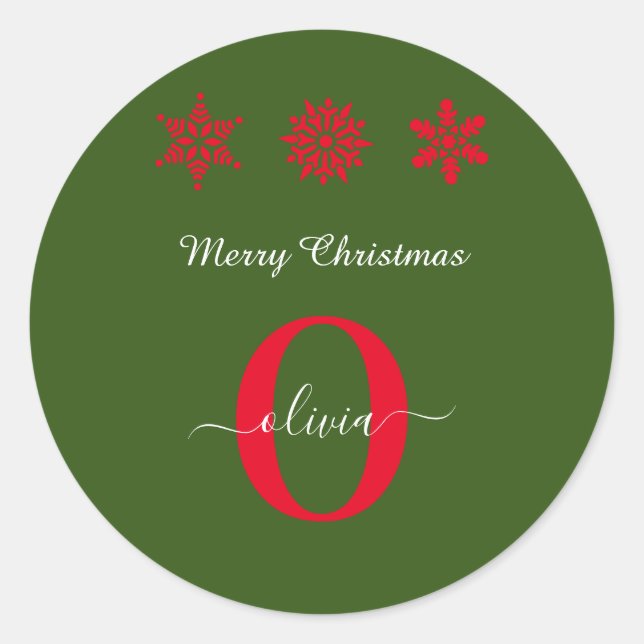 Green Red White Monogram Script Frohe Weihnachten Runder Aufkleber (Vorderseite)