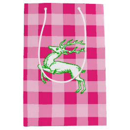 Green Reindeer Pink Gingham Mittlere Geschenktüte