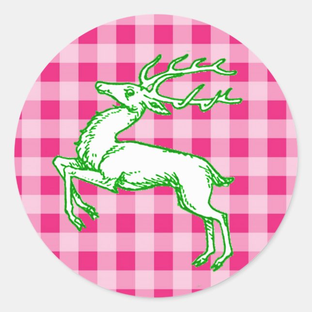 Green Reindeer Pink Gingham Runder Aufkleber (Vorderseite)