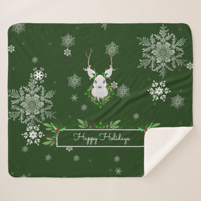 Green Reindeer Sherpa Blanket Sherpadecke (Vorderseite (Horizontal))