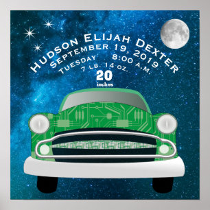 Green Retro Car Baby Boys Geburtsstunde Geburtsstu Poster