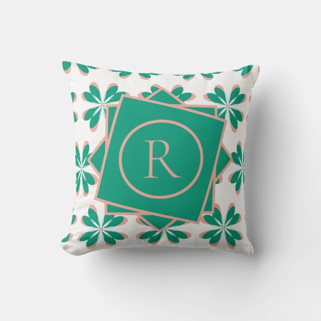 Green Retro Floral Monogramm Kissen (Vorderseite)