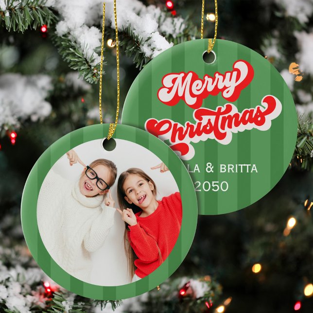 Green Retro Merry Christmas Photo Custom Keramik Ornament (Red and Green Retro Christmas Photo Ornament.)