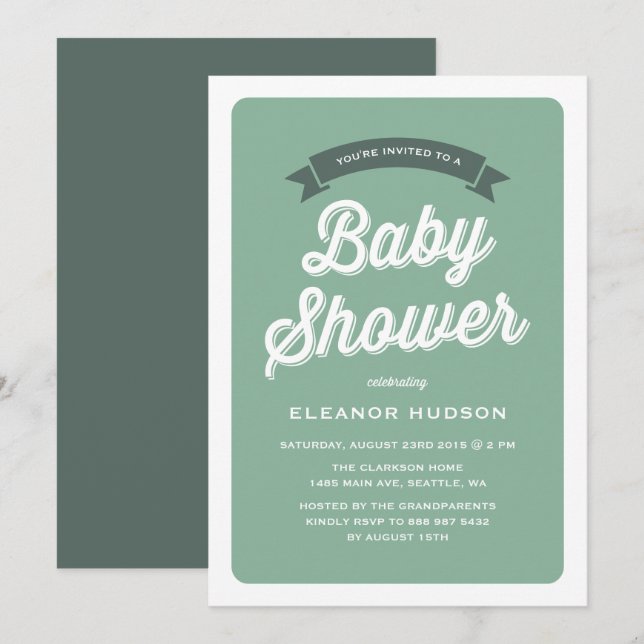 Green Retro Typografie Script Classic Baby Shower Einladung (Vorne/Hinten)