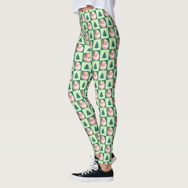 Green Retro Weihnachtsbaum Kariert Leggings (Links)