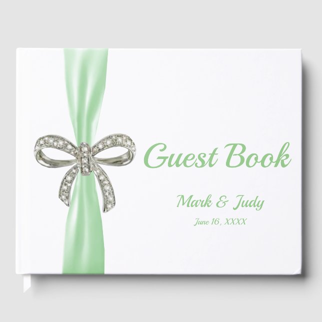 Green Ribbon Diamond Bow Wedding Guestbook Gästebuch (Vorderseite)
