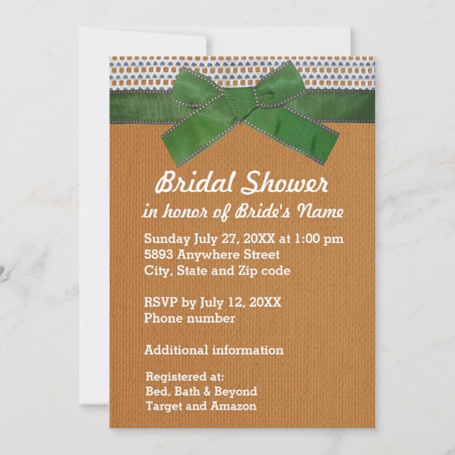 Green Ribbon, Lace, Tan Burlap Brautparty Inv Einladung (Vorderseite)