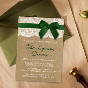 Green Ribbon on Kraft & Lace Erntedank Dinner Einladung