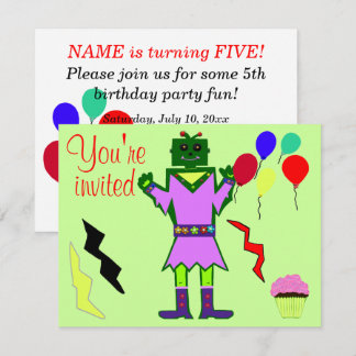 Green Robot Girl and Balloons Cupcakes Birthday Einladung