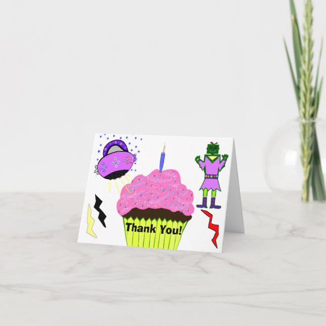 Green Robot Girl Pink Spacship Cupcake Merci (Devant)