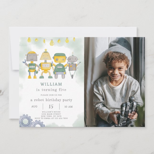 Green Robot Invitation Anniversaire Avec Photo (Devant)