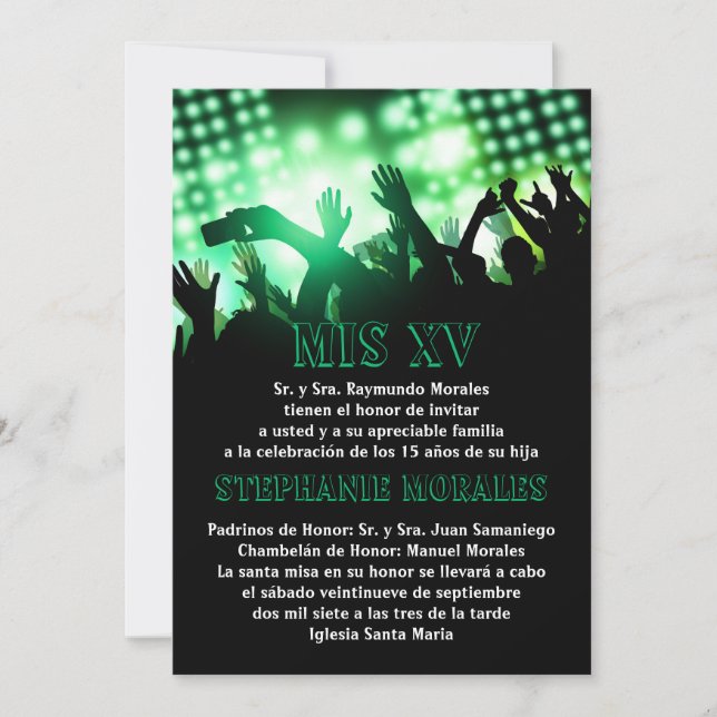 Green Rock Star Quinceanera Invitation d'anniversa (Devant)