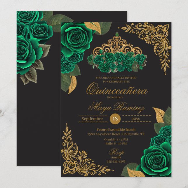 Green Rose Black Gold Glitzer Tiara Quinceañera Einladung (Vorne/Hinten)