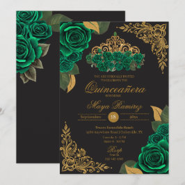 Green Rose Black Gold Glitzer Tiara Quinceañera Einladung