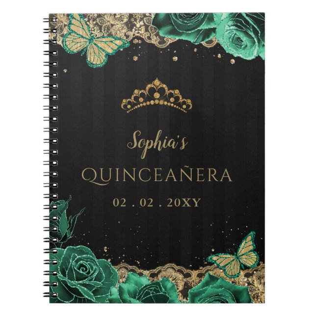 Green Rose Black Gold Lace Quinceñera Gästebuch Notizblock (Vorderseite)