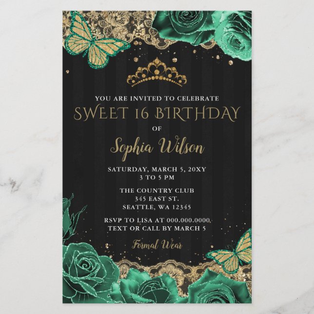 Green Rose Black Gold Sweet 16 Einladung (Vorderseite)