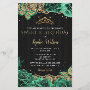Green Rose Black Gold Sweet 16 Einladung