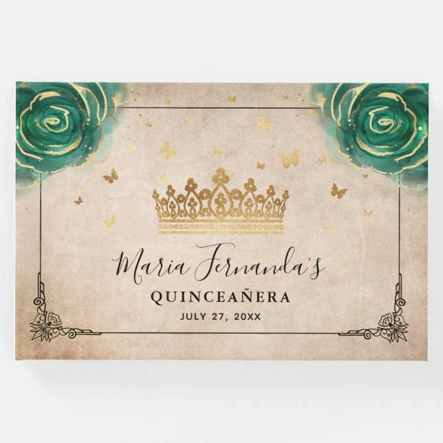 Green Rose Gold Crown Black Elegante Gästebuch (Vorderseite)