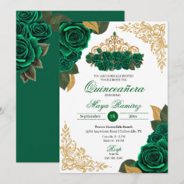 Green Rose Gold Glitzer Frames Tiara Quinceañera Einladung