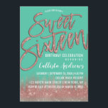 Green Rose Gold Glitzer Typografie Sweet 16 Einladung<br><div class="desc">Dieses moderne und mädchenhafte Sweet 16 lädt das elegante und trendige Geburtstagsmädchen zum Entspannen ein. Es zeichnet sich durch ein hübsches und glamouröses Imitat gedruckt Rose glänzend Glitzer Sequin Gold und biskaygrün ombre Farbverlauf. Es zeigt auch Rose Gold funkelnd Glitzer, "16 . Geburtstag" Pinseltypografie. Das elegante und stilvolle Design-Thema wird...</div>