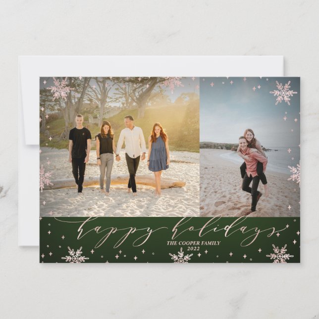 Green & Rose gold Schneeflocken Foto Happy Holiday Karte (Vorderseite)