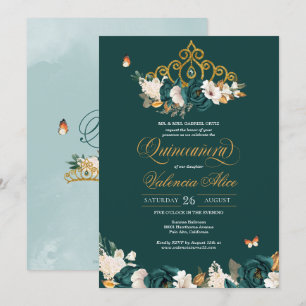Green Rose Gold Tiara Butterfets Quinceanera Einladung