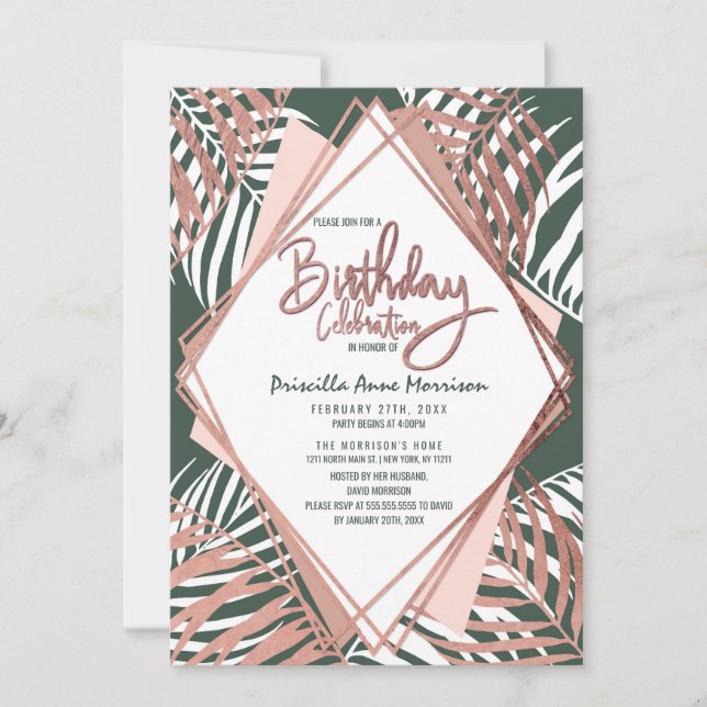 Green Rose Gold Tropical Palm Tree Blätter Geburts Einladung (Vorderseite)