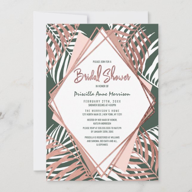 Green Rose Gold Tropical Palm Tree Brautparty Einladung (Vorderseite)
