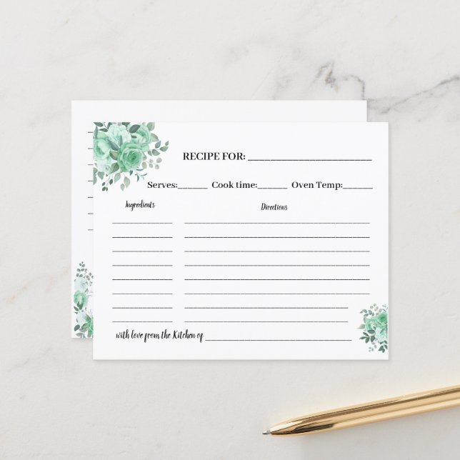 Green Rose Rezept Card Brautparty (Vorderseite/Rückseite Beispiel)