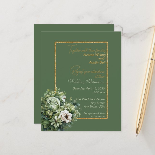Green Rose White Bouquet BUDGET Hochzeit Einladung (Vorderseite/Rückseite Beispiel)