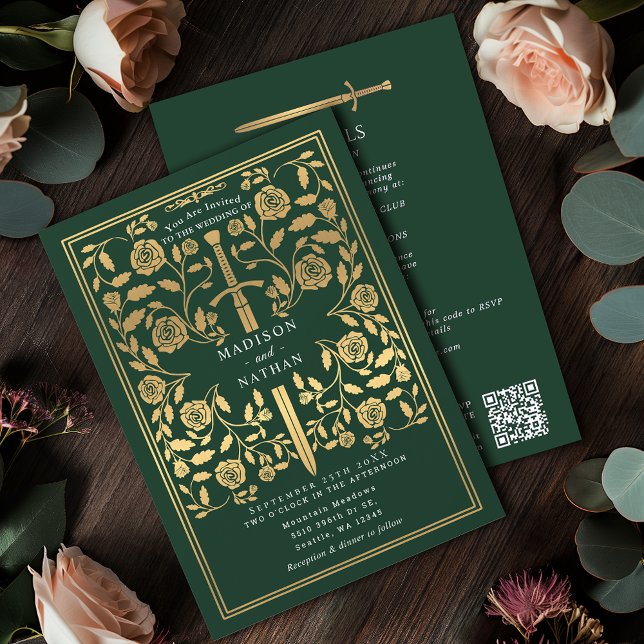 Green Royal Medieval Gold Sword Wedding QR Code Einladung (Von Creator hochgeladen)