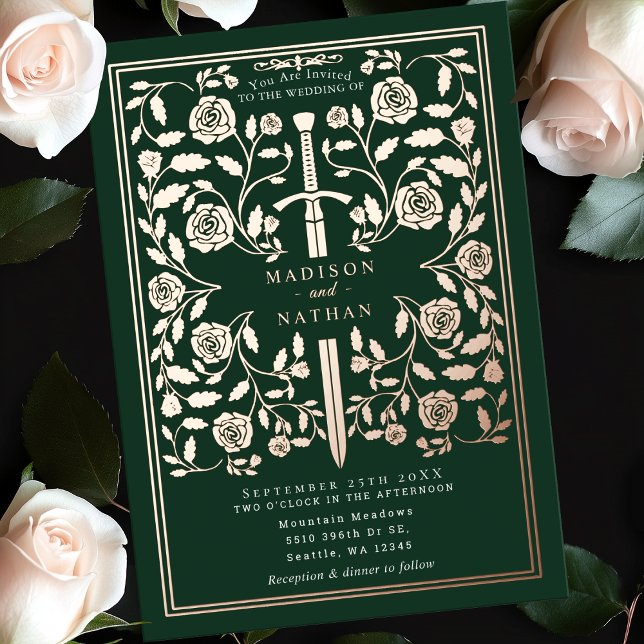 Green Royal Mittelalterliche Rose Goldschwert Hoch Folieneinladung (Von Creator hochgeladen)