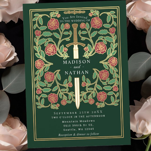 Green Royal Sword Floral Mittelalterliche Hochzeit Einladung (Von Creator hochgeladen)