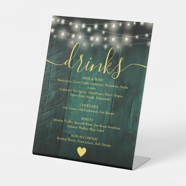 Green Rustic Barn Wood String Lights Drinks Menü Sockelschild (Vorderseite)
